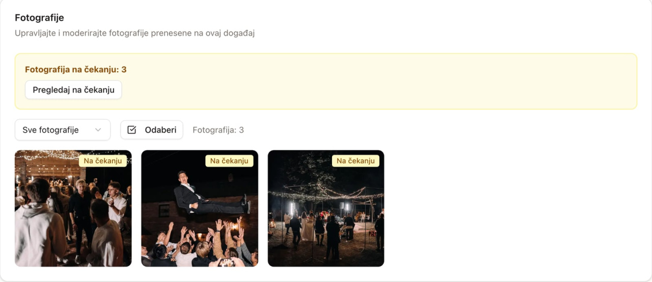 4. Primer ekrana za odobravanje, napravljen u lokalnom testu sa tri fotografije na čekanju. 4. Primer ekrana za odobravanje, napravljen u lokalnom testu sa tri fotografije na čekanju.